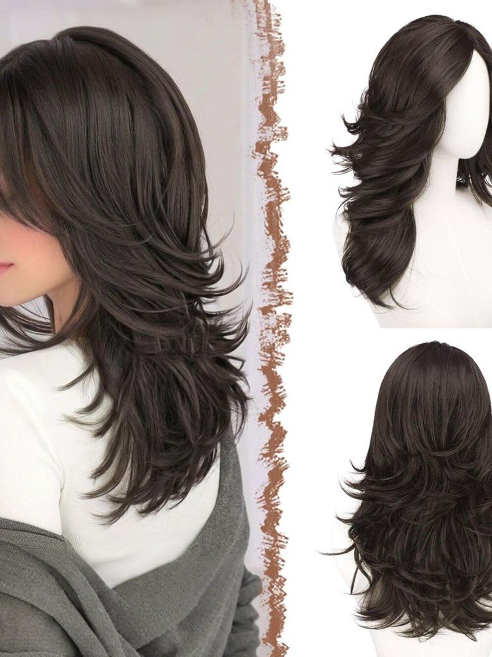Dark Brown Light Blonde Wavy Layered Wig with Curtain Bangs - Picture 2 of 6